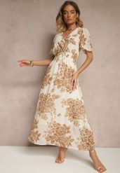 Jasnobeżowa Rozkloszowana Sukienka z Wiązaniem w Kwiatowy Wzór Jeloiti. Brązowe sukienki Renee, na co dzień, l, bez wzorów, eleganckie, bez kołnierzyka, bez ramiączek, maxi, proste. Za 79.99 zł.