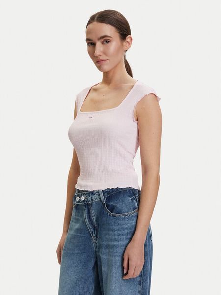 Tommy Jeans Top DW0DW22220 Różowy jasny Slim Fit. Czerwone topy Tommy Jeans, l, bez wzorów, z jeansu, bez kołnierzyka, bez ramiączek. Za 103.99 zł.