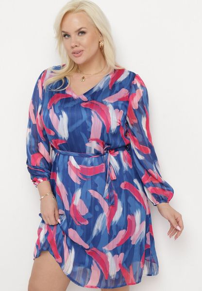 Niebieska Trapezowa Sukienka z Długim Rękawem i Podszewką Nadica. Niebieskie sukienki Born2be, l, bez wzorów, bez kołnierzyka, plus size, bez ramiączek, maxi, trapezowe. Za 59.99 zł.