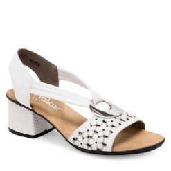 Sandały Rieker. Białe sandały Rieker, bez wzorów, bez obcasa, na słupku, bez zapięcia. Za 299.99 zł.