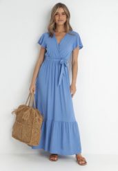 Niebieska Sukienka Diomeira. Niebieskie sukienki Born2be, l, bez wzorów, z tkaniny, eleganckie, bez kołnierzyka, bez ramiączek, maxi, kopertowe. Za 74.99 zł.