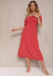 Czerwona Bawełniana Sukienka o Rozkloszowanym Kroju Zdobiona Printem w Groszki Lisanovia. Czerwone sukienki Renee, na co dzień, m, z aplikacjami, z bawełny, eleganckie, bez kołnierzyka, bez ramiączek, midi, proste. Za 59.99 zł.