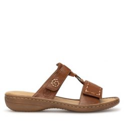 Klapki Rieker. Brązowe klapki Rieker, bez wzorów, bez obcasa. Za 239.99 zł.
