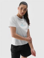 4F T-shirt regular z nadrukiem damski - biały L. Białe t-shirty 4f, l, bez wzorów, z bawełny, bez kołnierzyka, bez ramiączek. W wyprzedaży za 39.99 zł.