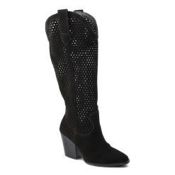 Czarne Kozaki Karino Damskie Eleganckie Obuwie. Czarne kozaki Karino, ze skóry, bez obcasa, na obcasie, bez zapięcia. Za 350.55 zł.