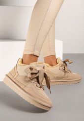 Ciemnobeżowe Zimowe Sneakersy Vices Stylizowane na Śniegowce z Futerkiem Tennira. Brązowe trapery i śniegowce Renee, z jeansu. Za 99.99 zł.