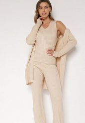 Jasnobeżowy Komplet Dzianinowy z Bawełną Spodnie Kamizelka i Długi Kardigan Meviravia. Brązowe kardigany Born2be, bez wzorów, z bawełny. Za 139.99 zł.