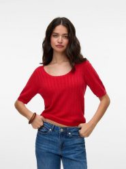Vero Moda Koszulka w kolorze czerwonym rozmiar: S. Czerwone bluzki Vero Moda, s, bez wzorów, ze splotem, bez kołnierzyka, bez ramiączek. Za 52.79 zł.