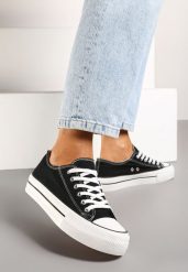 Czarno-Białe Casualowe Trampki na Platformie ze Sznurowaniem Ravathra. Czarne trampki Renee, bez wzorów, z materiału, bez zapięcia. Za 44.99 zł.
