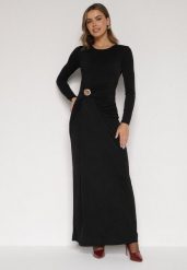 Czarna Taliowana Sukienka o Eleganckim Kroju z Marszczeniem i Aplikacją Sewedina. Czarne sukienki Born2be, na imprezę, s, z aplikacjami, z futra, eleganckie, bez kołnierzyka, bez ramiączek, maxi, dopasowane. Za 139.99 zł.