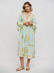 BLE Sukienka w kolorze jasnozielono-złotym rozmiar: onesize. Zielone sukienki BLE, bez wzorów, z bawełny, bez kołnierzyka, bez ramiączek, maxi. Za 114.95 zł.