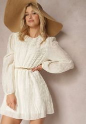 Jasnobeżowa Sukienka z Długim Rękawem o Rozkloszowanym Kroju z Gumką w Talii Kiofina. Brązowe sukienki Renee, na co dzień, m, bez wzorów, eleganckie, bez kołnierzyka, bez ramiączek, mini, proste. Za 89.99 zł.
