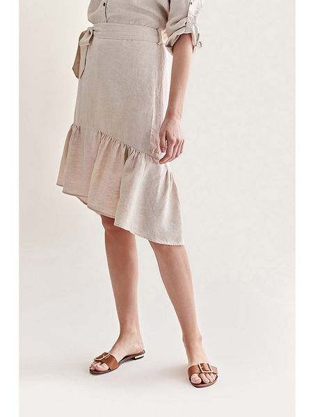 TATUUM Lniana spódnica w kolorze beżowym rozmiar: 34. Brązowe spódnice Tatuum, bez wzorów, ze lnu, midi, rozkloszowane. Za 123.25 zł.