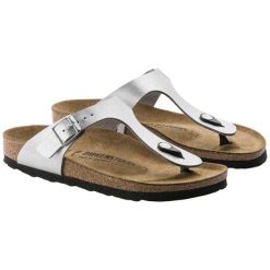 Damskie Skórzane Klapki Gizeh. Szare klapki Birkenstock, bez wzorów, z materiału, bez obcasa, na słupku. Za 289.00 zł.