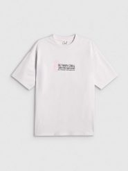 4F T-shirt loose z nadrukiem damski - biały L. Białe t-shirty 4f, l, bez wzorów, z bawełny, bez kołnierzyka, bez ramiączek. Za 79.99 zł.