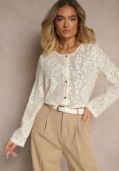 Beżowa Bluzka Ażurowa z Bawełny z Guzikami Kerisia. Brązowe bluzki Renee, l, w ażurowe wzory, z bawełny, eleganckie, bez kołnierzyka, bez ramiączek. Za 99.99 zł.