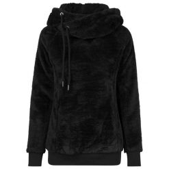 Długa Bluza Z Kapturem Damska Teddy Fleece. Czarne bluzy Urban Classics, bez wzorów, z kapturem. Za 163.99 zł.
