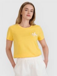 4F T-shirt regular z nadrukiem damski - żółty L. Żółte t-shirty 4f, l, z aplikacjami, z bawełny, bez kołnierzyka, bez ramiączek. W wyprzedaży za 29.99 zł.