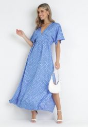 Niebieska Sukienka Maxi w Kropki z Gumką w Pasie i Rozcięciami Crasses. Niebieskie sukienki Born2be, na lato, l, bez wzorów, bez kołnierzyka, bez ramiączek, maxi, rozkloszowane. Za 129.99 zł.