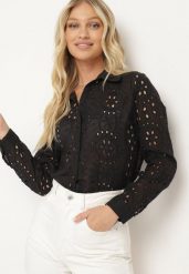 Czarna Koszula z Haftowanej Tkaniny Zapinana na Guziki Ziretta. Czarne koszule Born2be, l, bez wzorów, z tkaniny, eleganckie, bez kołnierzyka, bez ramiączek. Za 74.99 zł.