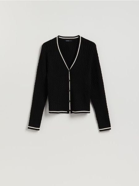 Strukturalny kardigan z wiskozą - czarny. Czarne kardigany Reserved, l, bez wzorów, z dzianiny. Za 109.99 zł.
