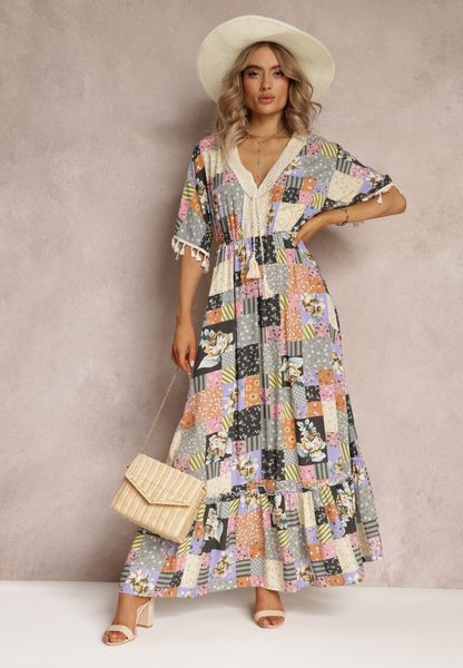 Szaro-Czarna Rozkloszowana Sukienka Maxi z Falbanką w Patchworkowy Wzór Fiorella. Szare sukienki Renee, l, z aplikacjami, z bawełny, bez kołnierzyka, bez ramiączek, maxi, rozkloszowane. Za 119.99 zł.