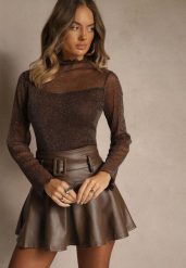 Brązowa Bluzka Longsleeve z Golfem z Siateczki z Metaliczną Nitką Azeda. Brązowe golfy Renee, m, bez wzorów, z jeansu, bez ramiączek. Za 59.99 zł.