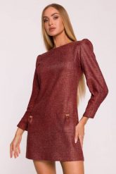 Elegancka sukienka tweedowa trapezowa mini bordowa. Czerwone sukienki MOE, do pracy, m, bez wzorów, z dzianiny, biznesowe, bez kołnierzyka, bez ramiączek, mini, dopasowane. Za 349.00 zł.