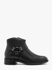 Czarne botki biker boots. Czarne botki Ryłko, bez wzorów, ze skóry, za kostkę, bez obcasa, na obcasie, bez zapięcia. Za 449.99 zł.