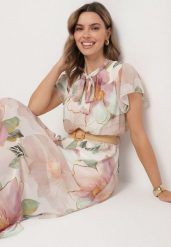 Beżowa Sukienka o Rozkloszowanym Kroju z Wiązaniem przy Dekolcie i Paskiem Sorilina. Brązowe sukienki Born2be, na co dzień, l, bez wzorów, eleganckie, bez kołnierzyka, bez ramiączek, maxi, rozkloszowane. Za 129.99 zł.