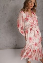 Różowa Eteryczna Sukienka Zdobiona Falbankami i Wiązanym Paskiem Rhelaith. Czerwone sukienki Renee, na imprezę, m, z aplikacjami, z poliesteru, boho, bez kołnierzyka, bez ramiączek, maxi, rozkloszowane. Za 209.99 zł.