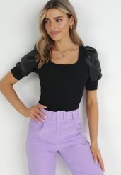 Czarna Bluzka z Prążkowanej Dzianiny z Bufiastymi Rękawami Maffa. Czarne bluzki Born2be, bez wzorów, z dzianiny, eleganckie, bez kołnierzyka, bez ramiączek. W wyprzedaży za 46.74 zł.