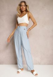 Niebieskie Spodnie Typu High Waist Ozdobione Cyrkoniami Sajara. Niebieskie spodnie materiałowe Renee, na co dzień, s, bez wzorów, z jeansu, z podwyższonym stanem. Za 49.99 zł.
