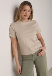 Beżowy Bawełniany T-shirt w Klasycznym Stylu Hetita. Brązowe t-shirty Born2be, m, bez wzorów, z bawełny, bez kołnierzyka, bez ramiączek. Za 69.99 zł.