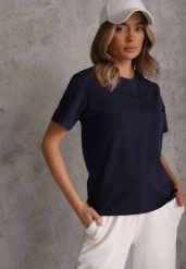 Granatowy Bawełniany T-shirt Ozdobiony po Bokach Rozcięciami Brinelle. Niebieskie t-shirty Renee, m, bez wzorów, z bawełny, bez kołnierzyka, bez ramiączek. Za 39.99 zł.