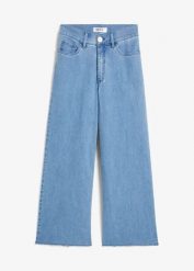 Jeansy wide leg, wysoki stan, krótsza nogawka. Niebieskie jeansy bonprix, bez wzorów, z podwyższonym stanem. Za 59.99 zł.
