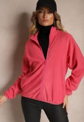 Różowa Bluza z Zapięciem na Suwak Kieszeniami i Stójką Esandria. Czerwone bluzy Renee, l, bez wzorów, z jeansu, bez kaptura. Za 29.99 zł.