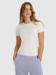 4F T-shirt z prążkowanej dzianiny z modalem damski - biały XXL. Białe t-shirty 4f, xs, bez wzorów, z dzianiny, bez kołnierzyka, bez ramiączek. Za 79.99 zł.