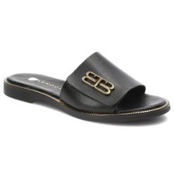Czarne Klapki Armodo Modne Obuwie Damskie. Czarne klapki Armodo, bez wzorów, ze skóry, bez obcasa. Za 299.00 zł.