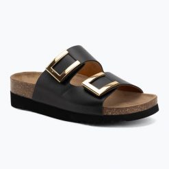 Klapki damskie Scholl Montery 2 Straps Ad Med. Czarne klapki Scholl, bez wzorów, z materiału, bez obcasa. Za 349.99 zł.
