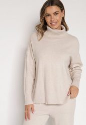 Beżowy Golf w Klasycznym Stylu Linagela. Brązowe golfy Born2be, bez wzorów, z jeansu, bez ramiączek. Za 89.99 zł.