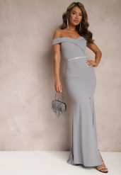 Szara Taliowana Sukienka Maxi z Rozcięciem Perlina. Szare sukienki Renee, l, bez wzorów, eleganckie, bez kołnierzyka, bez ramiączek, maxi, rozkloszowane. Za 139.99 zł.