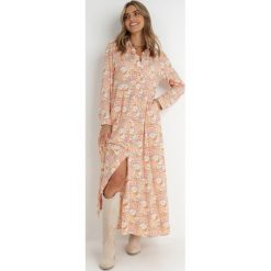 Pomarańczowo-Biała Sukienka Koszulowa Fabillus. Brązowe sukienki Born2be, na imprezę, na lato, l, bez wzorów, z tkaniny, boho, bez kołnierzyka, bez ramiączek, maxi, koszulowe. Za 109.99 zł.