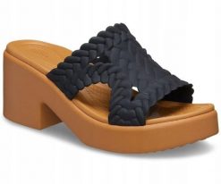 Klapki Dla Dorosłych Crocs Brooklyn Woven Slide Heel. Czarne klapki Crocs, bez wzorów, z materiału, bez obcasa. Za 263.99 zł.