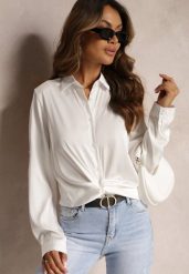 Biała Satynowa Koszula na Guziki Noccle. Białe koszule Renee, xl, bez wzorów, z satyny, eleganckie, bez kołnierzyka, bez ramiączek. Za 49.99 zł.
