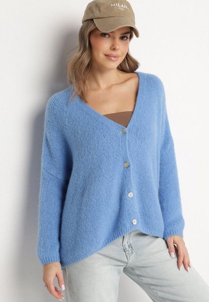 Niebieski Kardigan z Dekoltem w Serek z Dzianiny z Wełną i Moherem Lismio. Niebieskie kardigany Born2be, bez wzorów, z dzianiny. Za 159.99 zł.