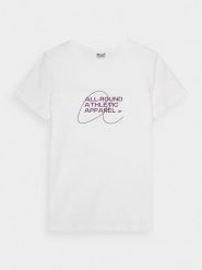 4F T-shirt slim z nadrukiem damski - biały M. Białe t-shirty 4f, m, bez wzorów, z bawełny, bez kołnierzyka, bez ramiączek. W wyprzedaży za 29.99 zł.