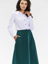Spódnica Model A673 Bottle Green - awama. Zielone spódnice Awama, do pracy, xxl, bez wzorów, z materiału, biznesowe, midi, dopasowane. Za 258.46 zł.