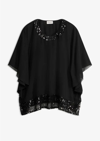 Bluzka oversize. Czarne bluzki bonprix, bez wzorów, eleganckie, bez kołnierzyka, bez ramiączek. Za 149.99 zł.