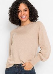 Sweter z balonowymi rękawami. Brązowe swetry bonprix, bez wzorów, bez ramiączek. Za 89.99 zł.